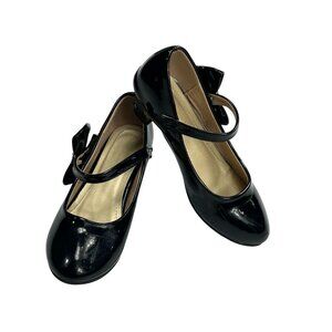 Girls Black Patent Leather Mary Jane Shoes With Bow Accent & Low Heel Size 1C Ji